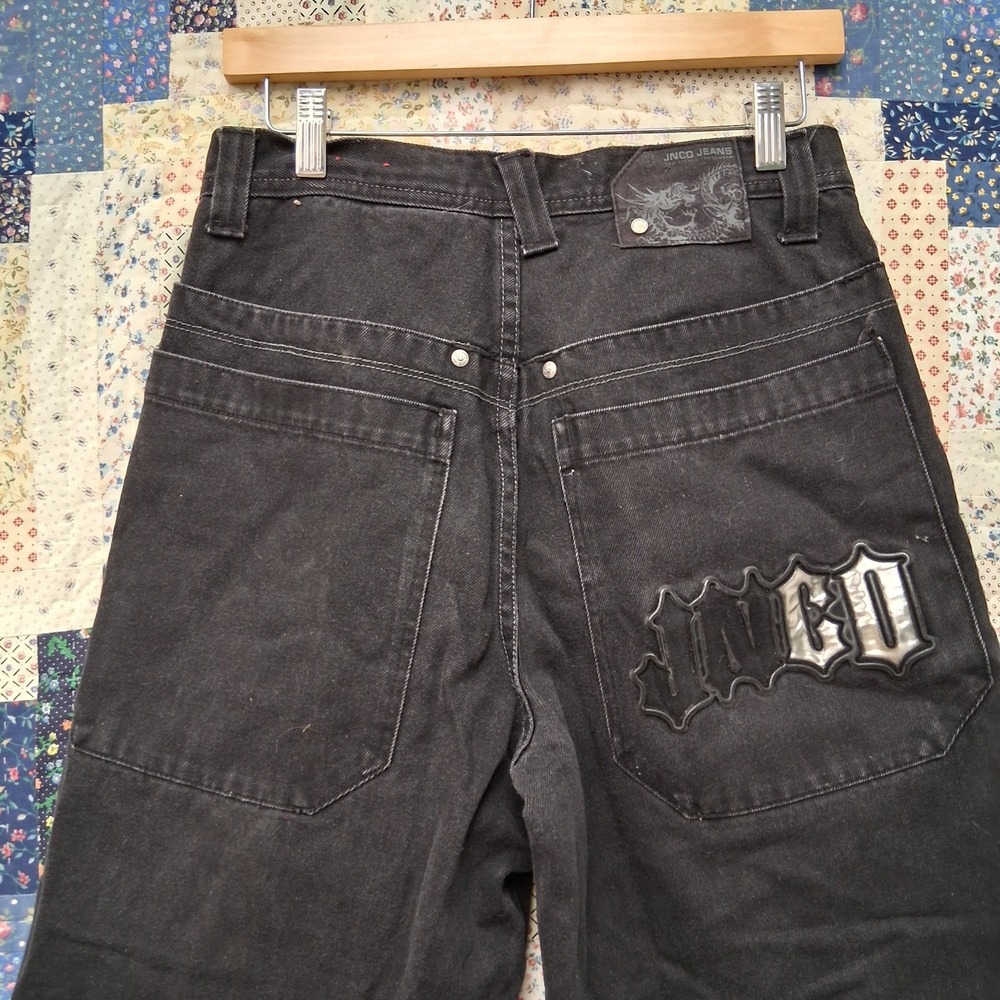 y2k Jnco Black Denim‎ Jeans Size 29x30 Gothic Spellout Double Back Pockets Wide